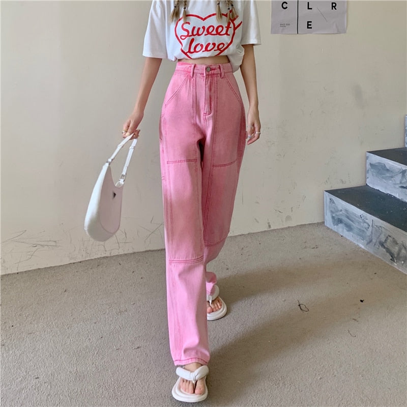 Women Jeans High Waist New Summer Pink Wide Leg Trouser Casual Pants –  Fashions Garb