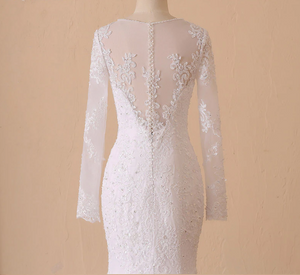 Mermaid Wedding Dress Illusion Back Vestido De Noiva Long Sleeve Beads O Neck Lace Appliques Bride Bridal Gown