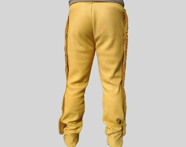 Mens leather Bead Pant Trouser Jeans Yellow Western Cowboy
