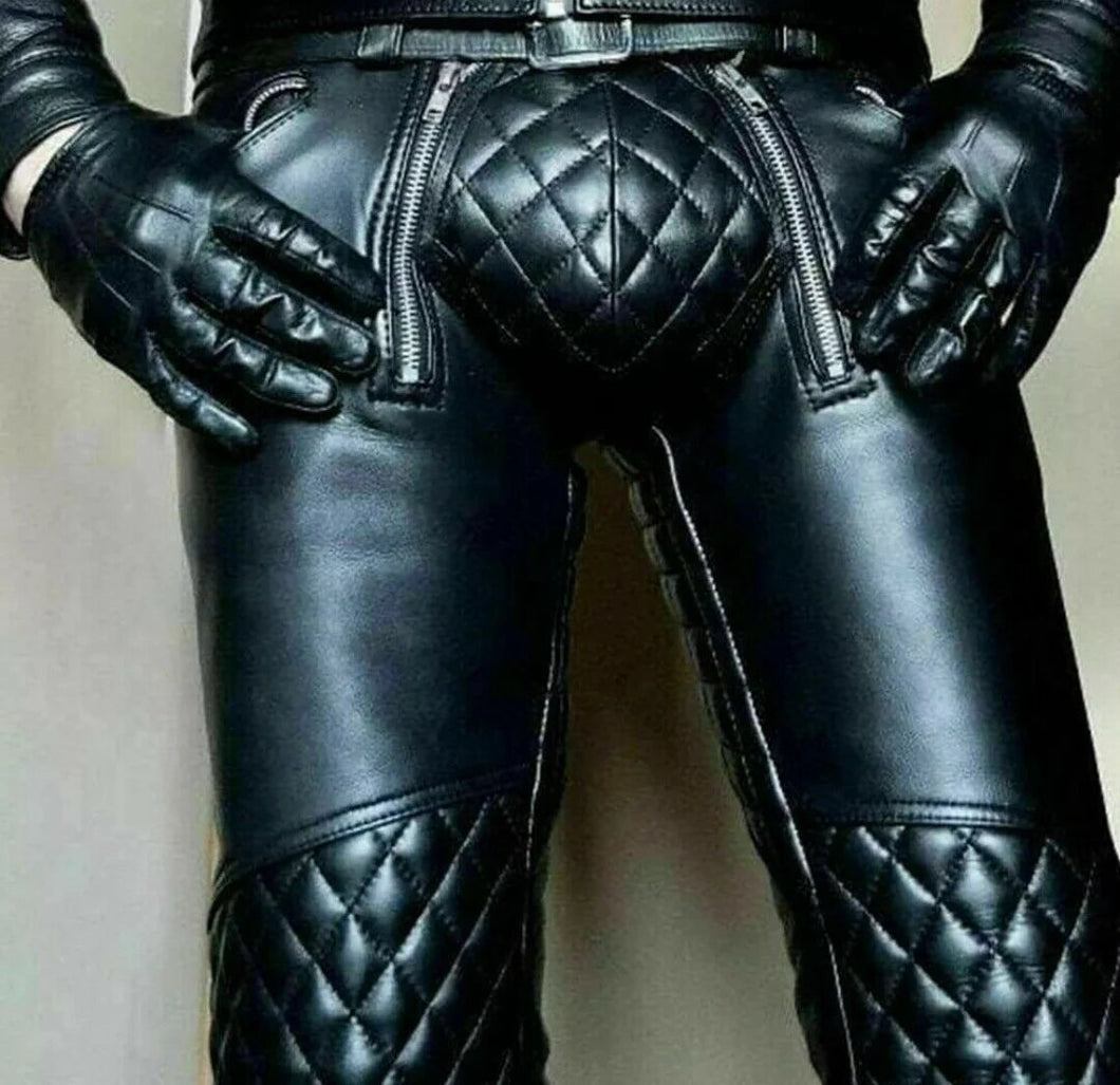 Men Quilted Leather Pant Genuine Soft Sheep Leather Black Quilted Pant