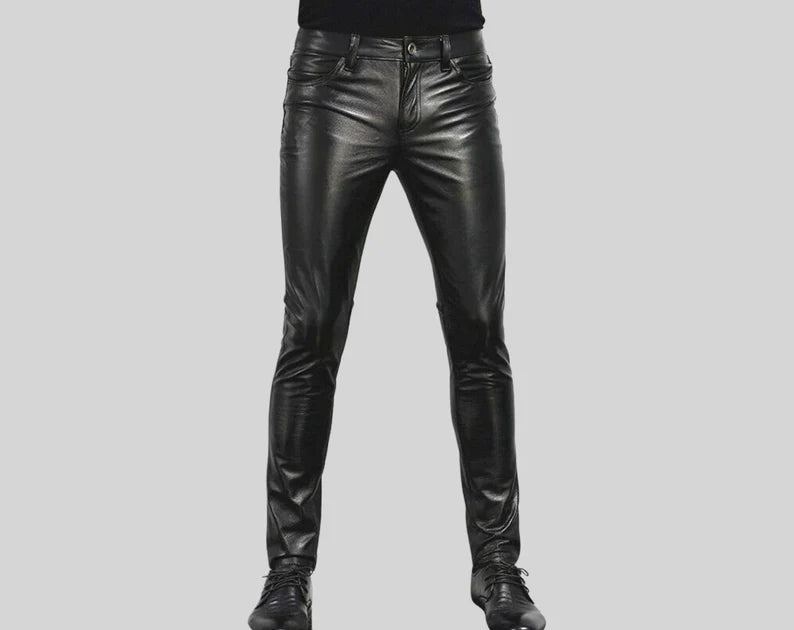 Men's Black Genuine Leather slim fit Biker trouser pant