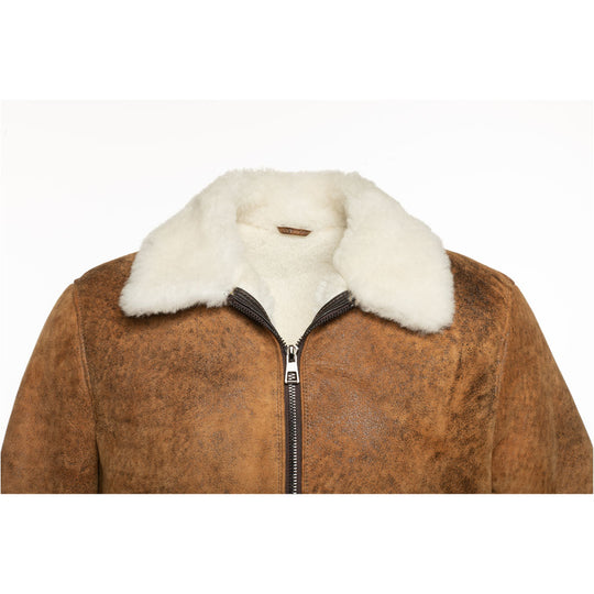 Lucian's distressed brown A2 Bomber shearling jacket