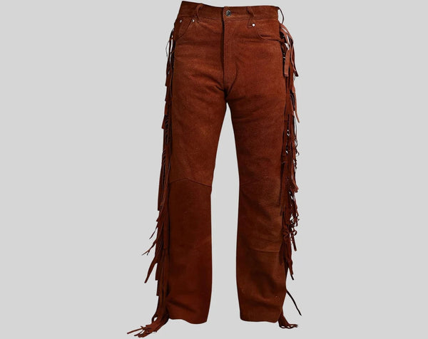 Men Cowboy Native American Brown Fringe Suede Leather Pant