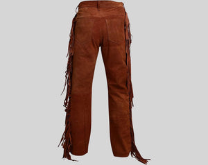 Men Cowboy Native American Brown Fringe Suede Leather Pant