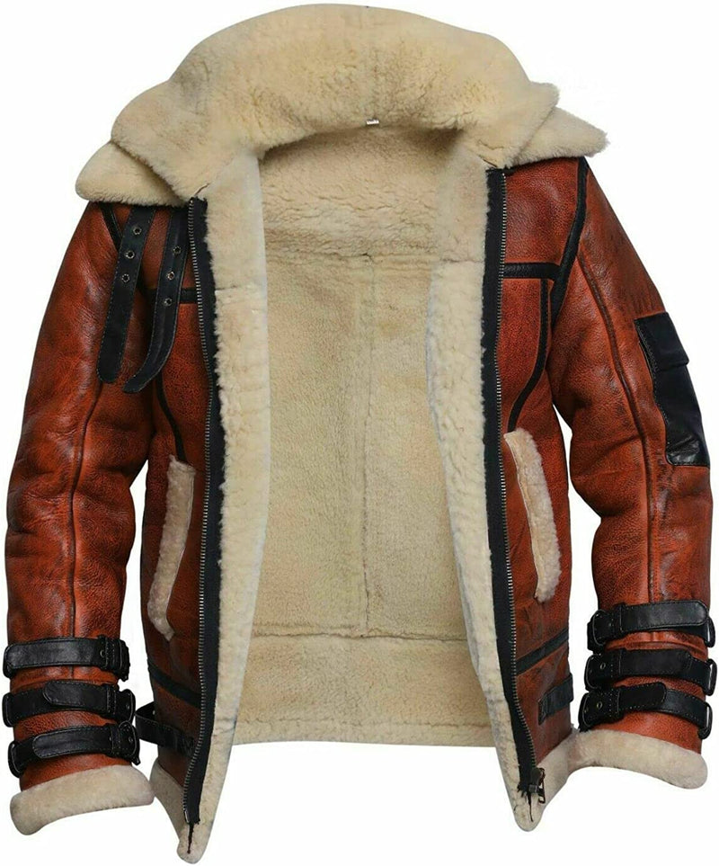 Men’s RAF B3 Aviator Double Collar Shearling Sheepskin Bomber Leather Jacket