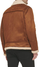 Faux Leather Men-Bomber Jacket with Shearling Lining