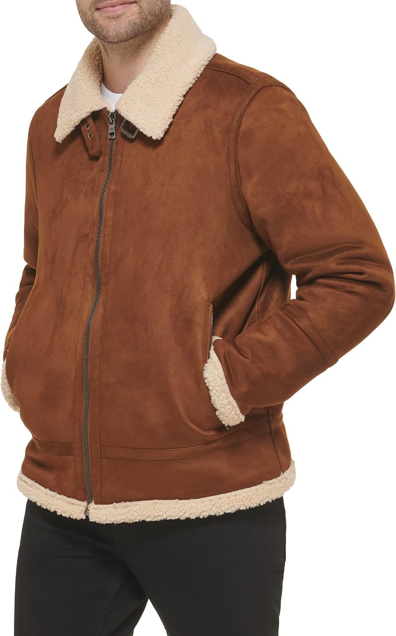 Faux Leather Men-Bomber Jacket with Shearling Lining