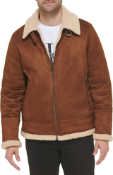 Faux Leather Men-Bomber Jacket with Shearling Lining