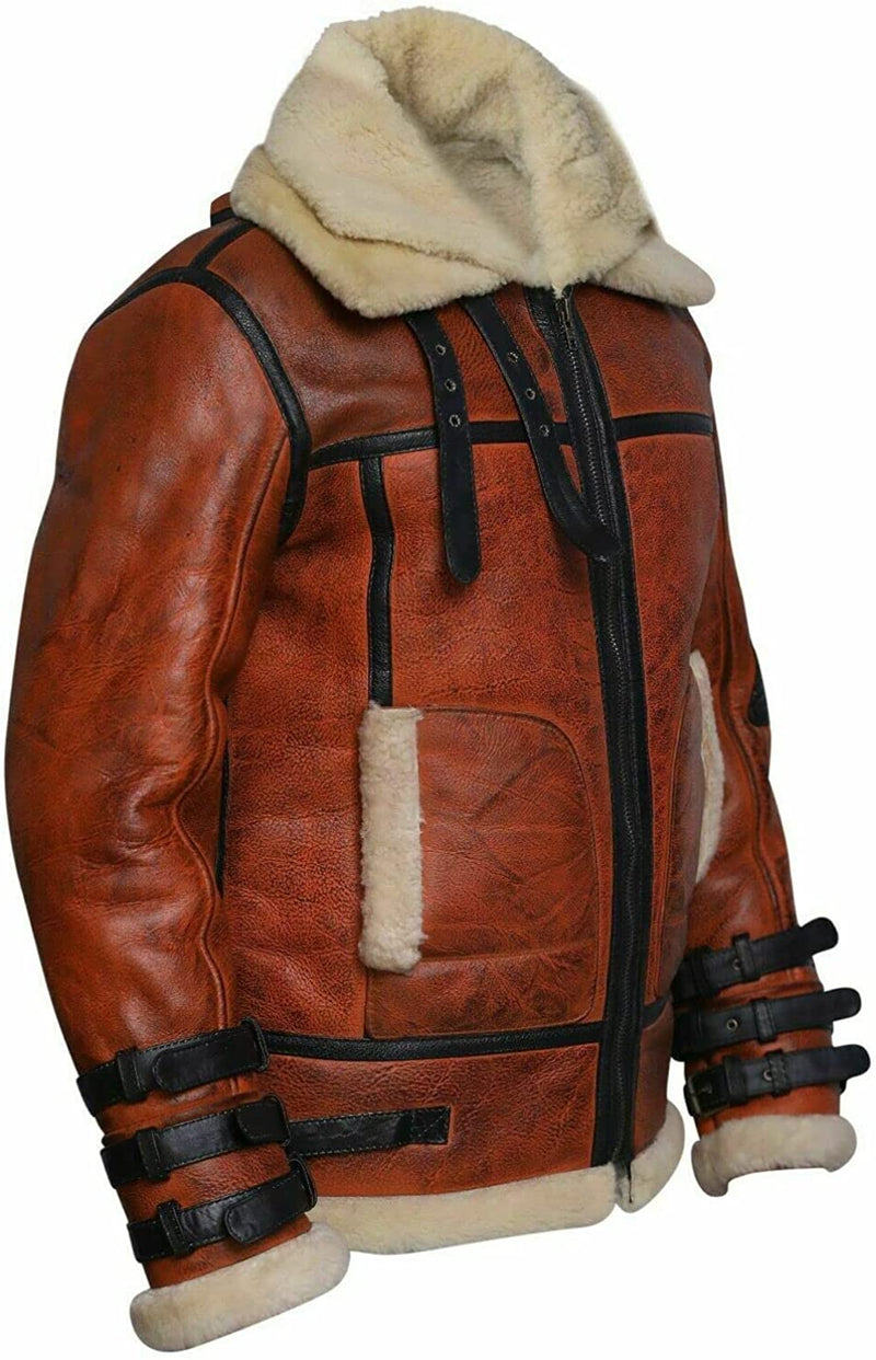 Men’s RAF B3 Aviator Double Collar Shearling Sheepskin Bomber Leather Jacket