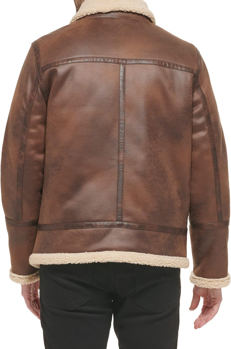 Faux Leather Men-Bomber Jacket with Shearling Lining