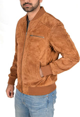 Men's Suede Bomber Jacket Classic Retro Varsity Tan Real Leather Jacket