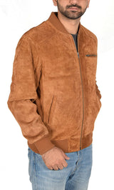 Men's Suede Bomber Jacket Classic Retro Varsity Tan Real Leather Jacket