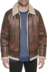 Faux Leather Men-Bomber Jacket with Shearling Lining