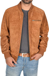 Men's Suede Bomber Jacket Classic Retro Varsity Tan Real Leather Jacket