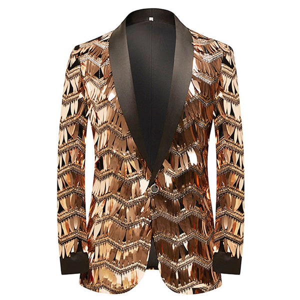 Mens Luxury Wave Striped Gold Sequin Blazer Jacket Shawl Lapel One Button Shiny Wedding Party Suit Jackets Dinner Tuxedo Blazer