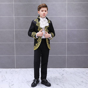 Victorian Prince Costume Blazer Suits Child Halloween Jabot Tie Outfit Military Uniform Cosplay Lace Jacket Coat Kid Boys