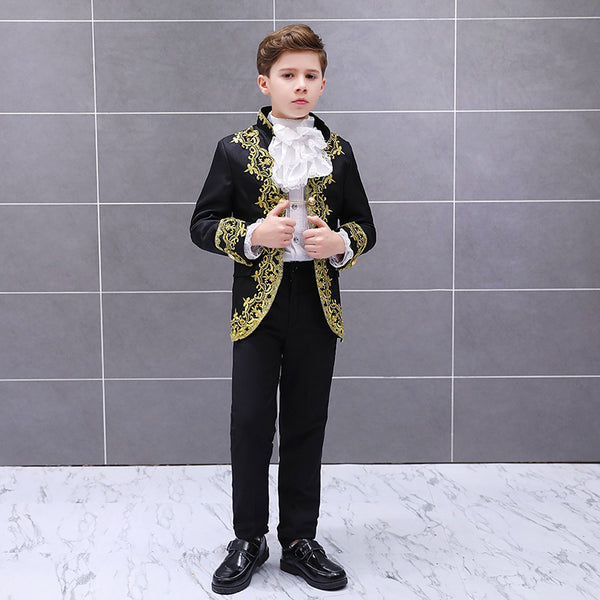 Victorian Prince Costume Blazer Suits Child Halloween Jabot Tie Outfit Military Uniform Cosplay Lace Jacket Coat Kid Boys