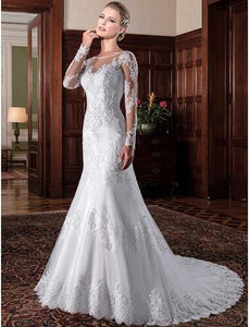 Mermaid Wedding Dress Illusion Back Vestido De Noiva Long Sleeve Beads O Neck Lace Appliques Bride Bridal Gown