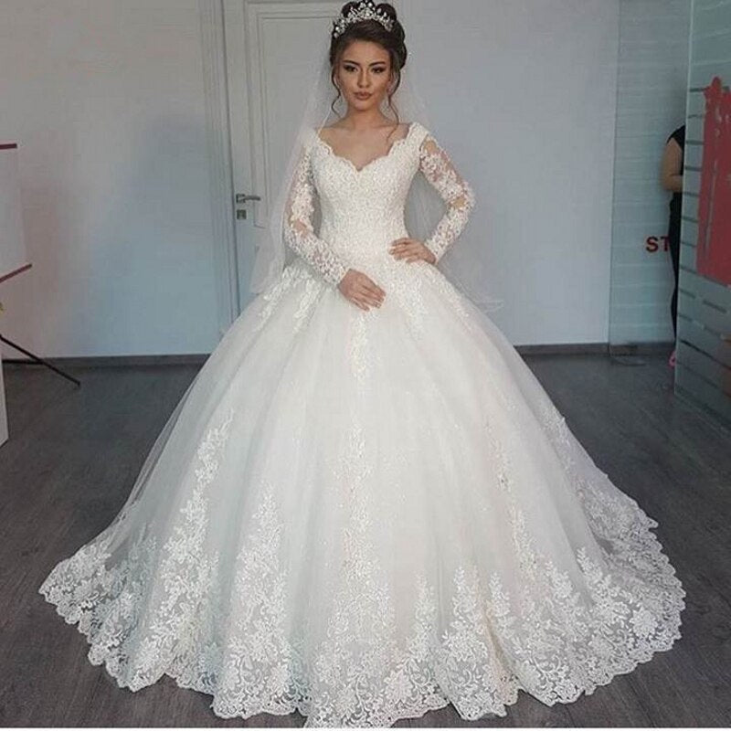 Ball Gown Long Sleeve Vintage Wedding Dress 2021 Elegant Lace Appliques vestido De Noiva Sweep Train Bride Bridal