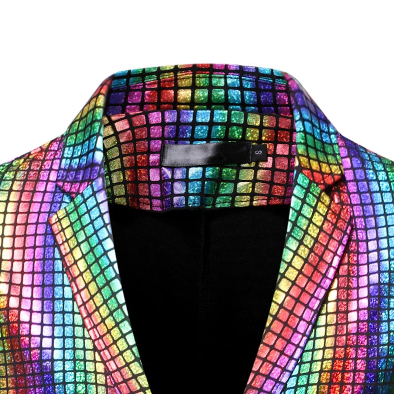 Men's Stage Prom Suits Gold Silver Rainbow Plaid Sequin Jacket Pants