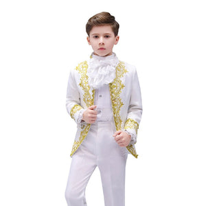 Victorian Prince Costume Blazer Suits Child Halloween Jabot Tie Outfit Military Uniform Cosplay Lace Jacket Coat Kid Boys