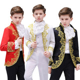 Victorian Prince Costume Blazer Suits Child Halloween Jabot Tie Outfit Military Uniform Cosplay Lace Jacket Coat Kid Boys