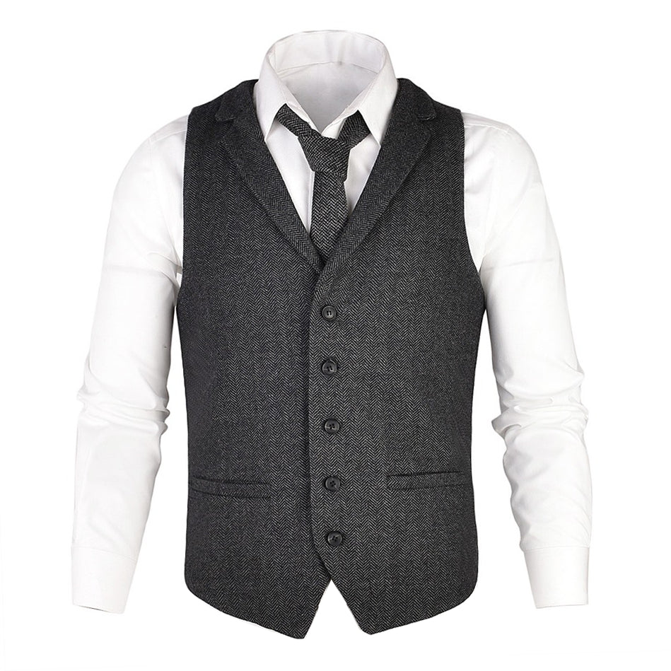 Men's Tweed Wool Blend Suit Waistcoat Herringbone Vest Tailored Collar Dress Vests