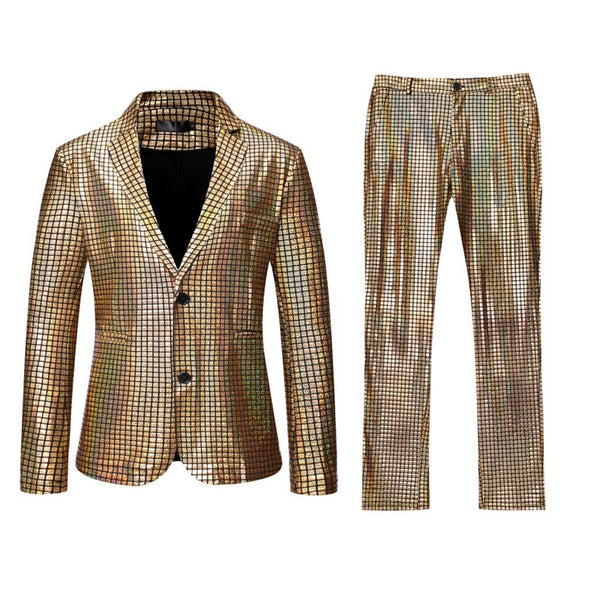 Men's Stage Prom Suits Gold Silver Rainbow Plaid Sequin Jacket Pants