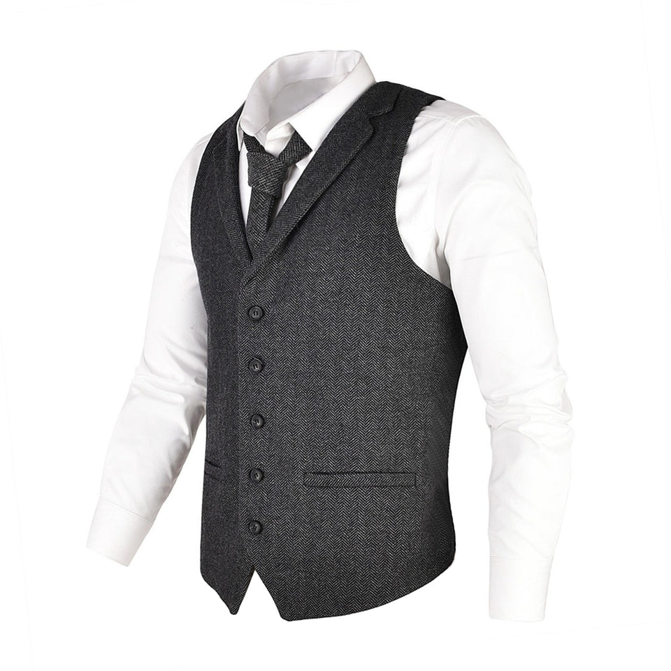 Men's Tweed Wool Blend Suit Waistcoat Herringbone Vest Tailored Collar Dress Vests