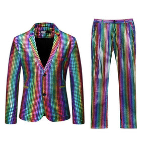 Men's Stage Prom Suits Gold Silver Rainbow Plaid Sequin Jacket Pants