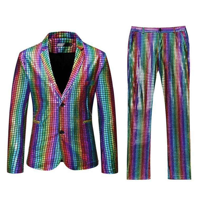 Men's Stage Prom Suits Gold Silver Rainbow Plaid Sequin Jacket Pants