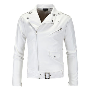 Men's Leather Jackets White Casual Lapel Slim Fit Diagonal Zipper Motorcycle Leather Jacket