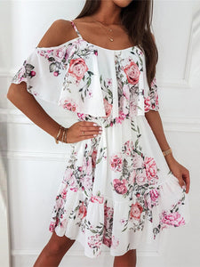 Spaghetti Strap Holiday Floral Print Women Dresses Fashion Off Shoulder Sundress Elegant Chiffon