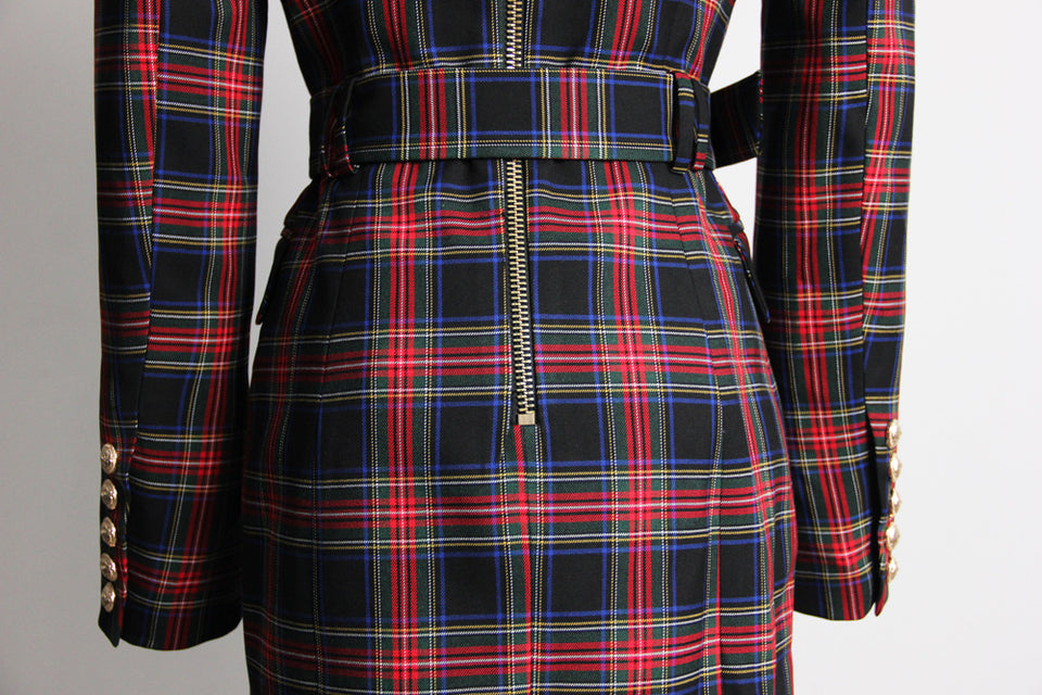 Black Stewart Tartan Blazer Dresses with Belt