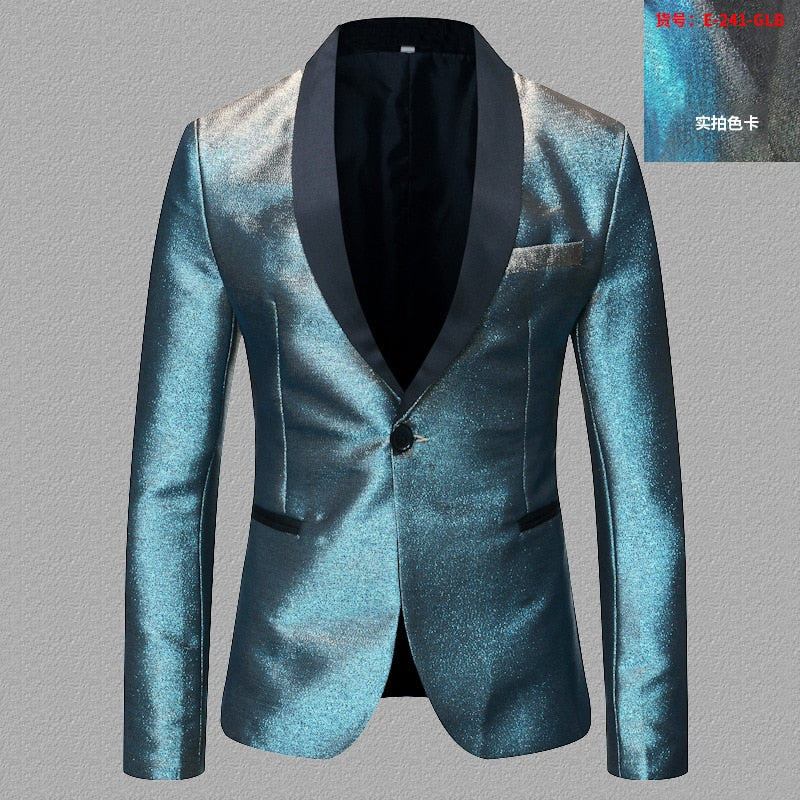 Men's Shiny Fashion Gradient Dress Blazer One Button Shawl Lapel Elegant Suit Jacket