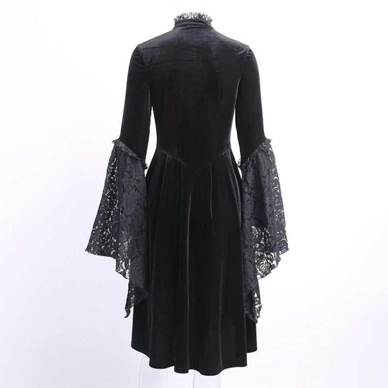 Gothic Black Lace Cutout Lantern Sleeve Stand Collar Exquisite Buttons A-line Silhouette