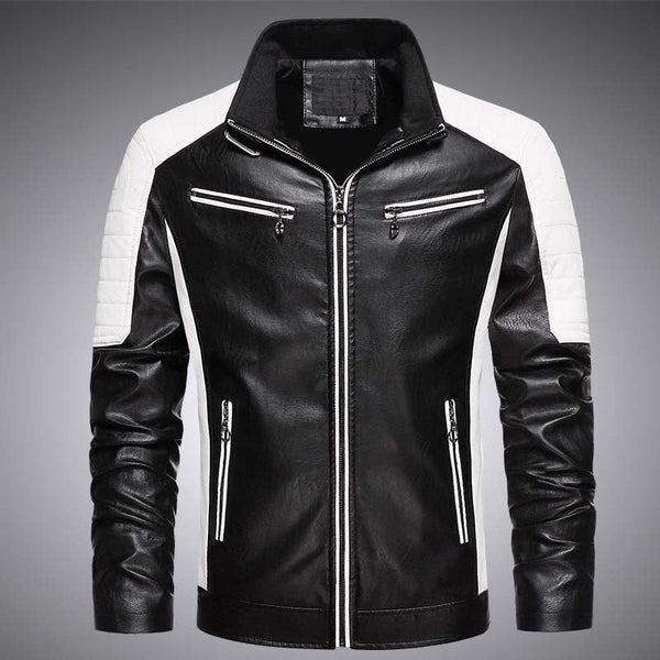 Vintage Leather Jacket Coat Men Spring Outfit Design Motor Biker Pocket PU Leather Jacket