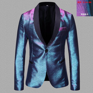 Men's Shiny Fashion Gradient Dress Blazer One Button Shawl Lapel Elegant Suit Jacket