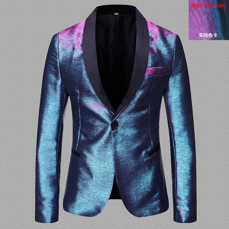 Men's Shiny Fashion Gradient Dress Blazer One Button Shawl Lapel Elegant Suit Jacket