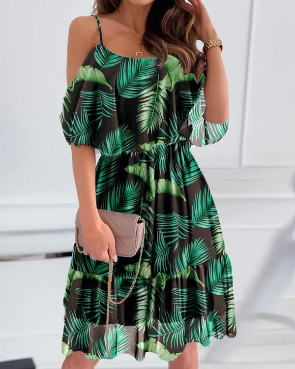 Spaghetti Strap Holiday Floral Print Women Dresses Fashion Off Shoulder Sundress Elegant Chiffon