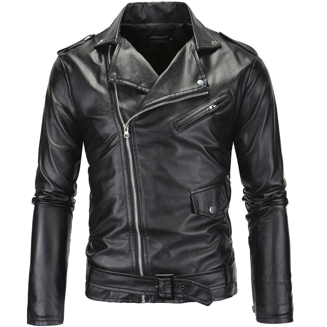 Men's Leather Jackets White Casual Lapel Slim Fit Diagonal Zipper Motorcycle Leather Jacket