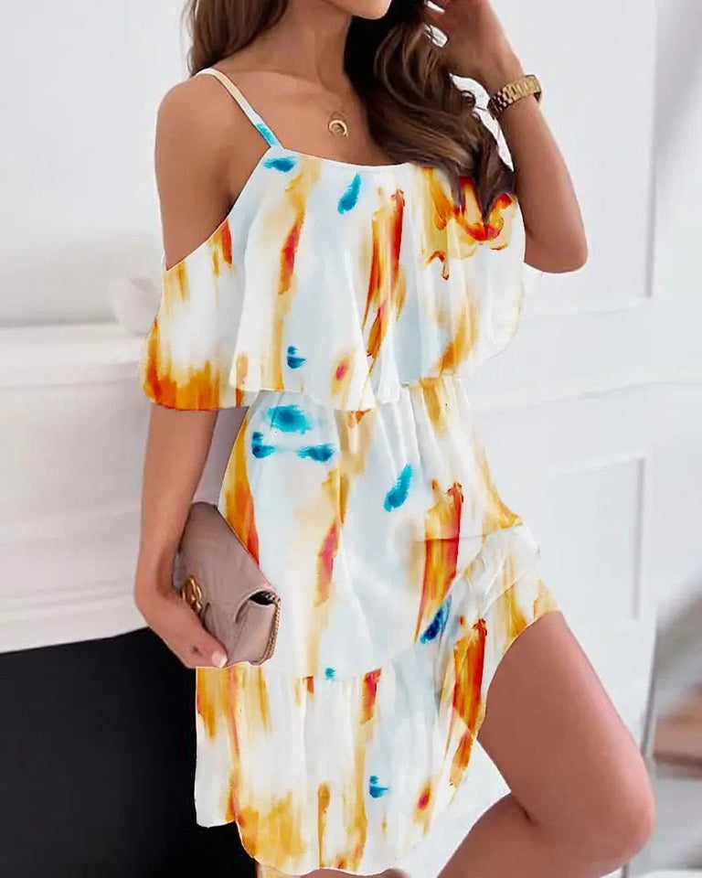 Spaghetti Strap Holiday Floral Print Women Dresses Fashion Off Shoulder Sundress Elegant Chiffon