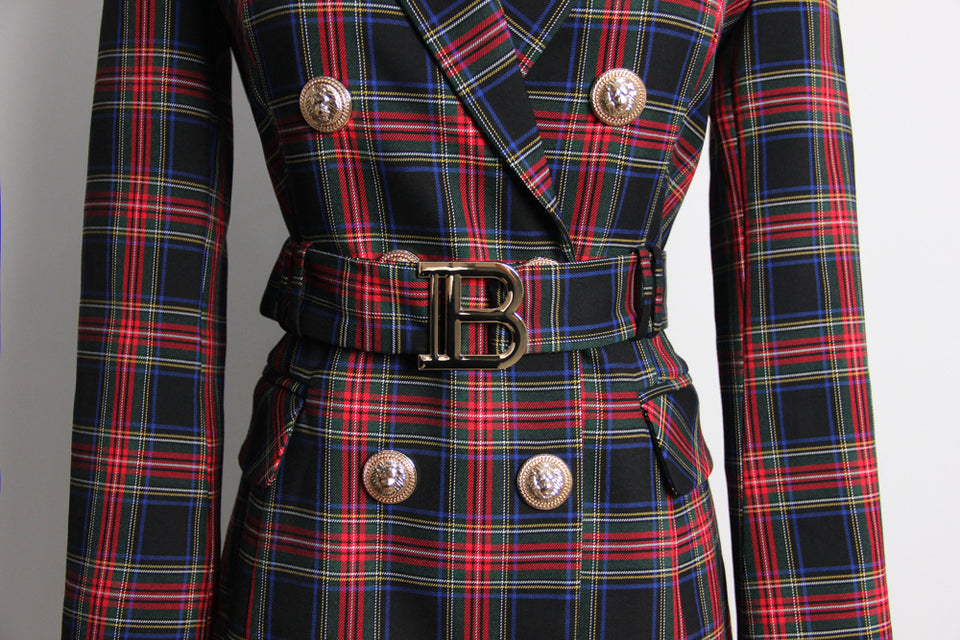 Black Stewart Tartan Blazer Dresses with Belt