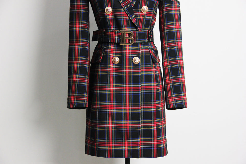 Black Stewart Tartan Blazer Dresses with Belt