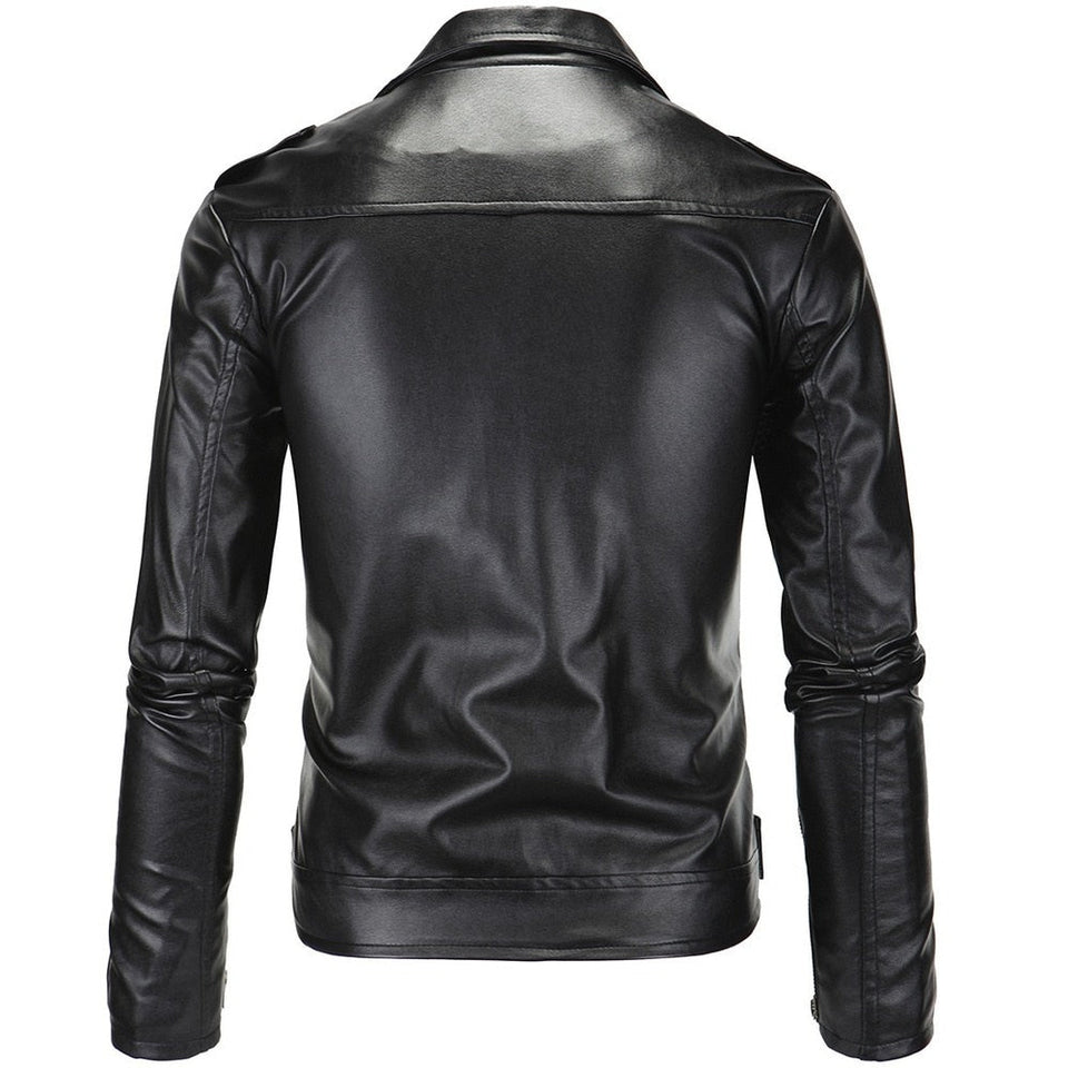 Men's Leather Jackets White Casual Lapel Slim Fit Diagonal Zipper Motorcycle Leather Jacket