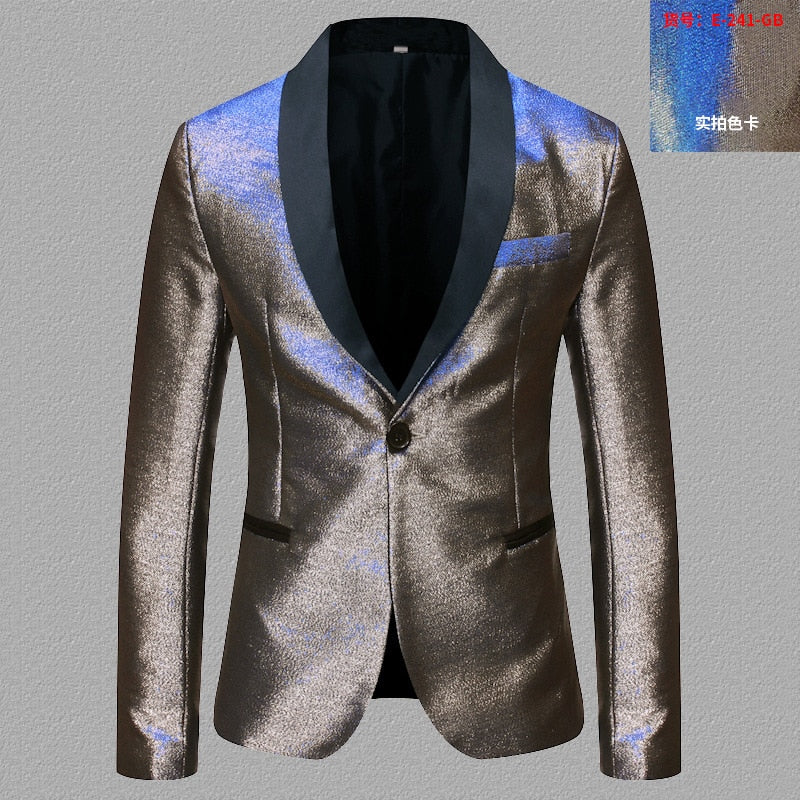 Men's Shiny Fashion Gradient Dress Blazer One Button Shawl Lapel Elegant Suit Jacket