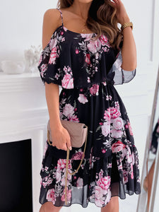 Spaghetti Strap Holiday Floral Print Women Dresses Fashion Off Shoulder Sundress Elegant Chiffon