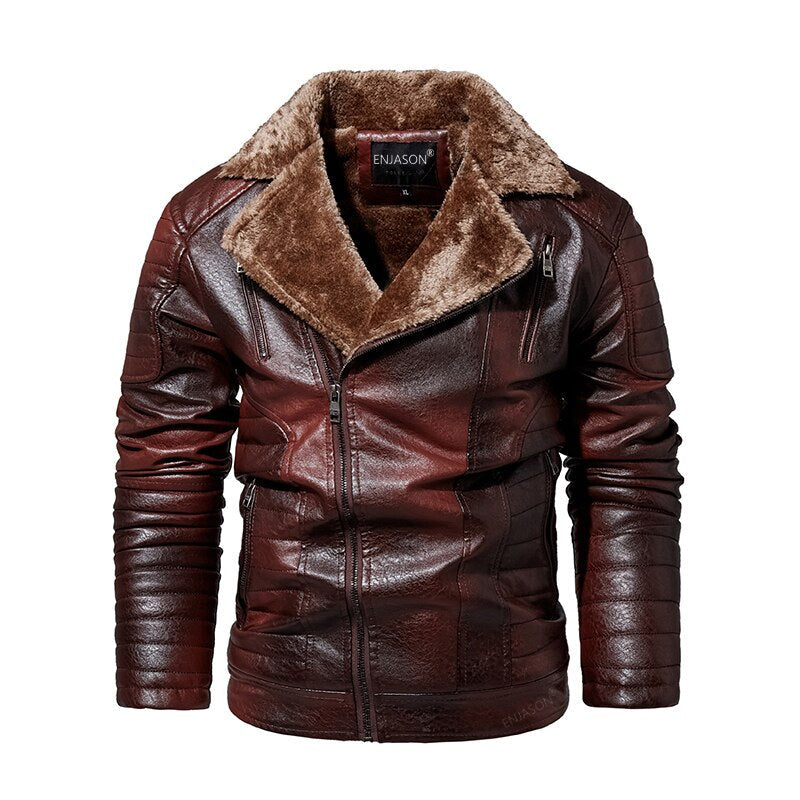 Men Fashion Thick Pu Leather Jacket Male Warm Motorcycle Jacket Faux Fur Collar Windproof Zipper Overcoat