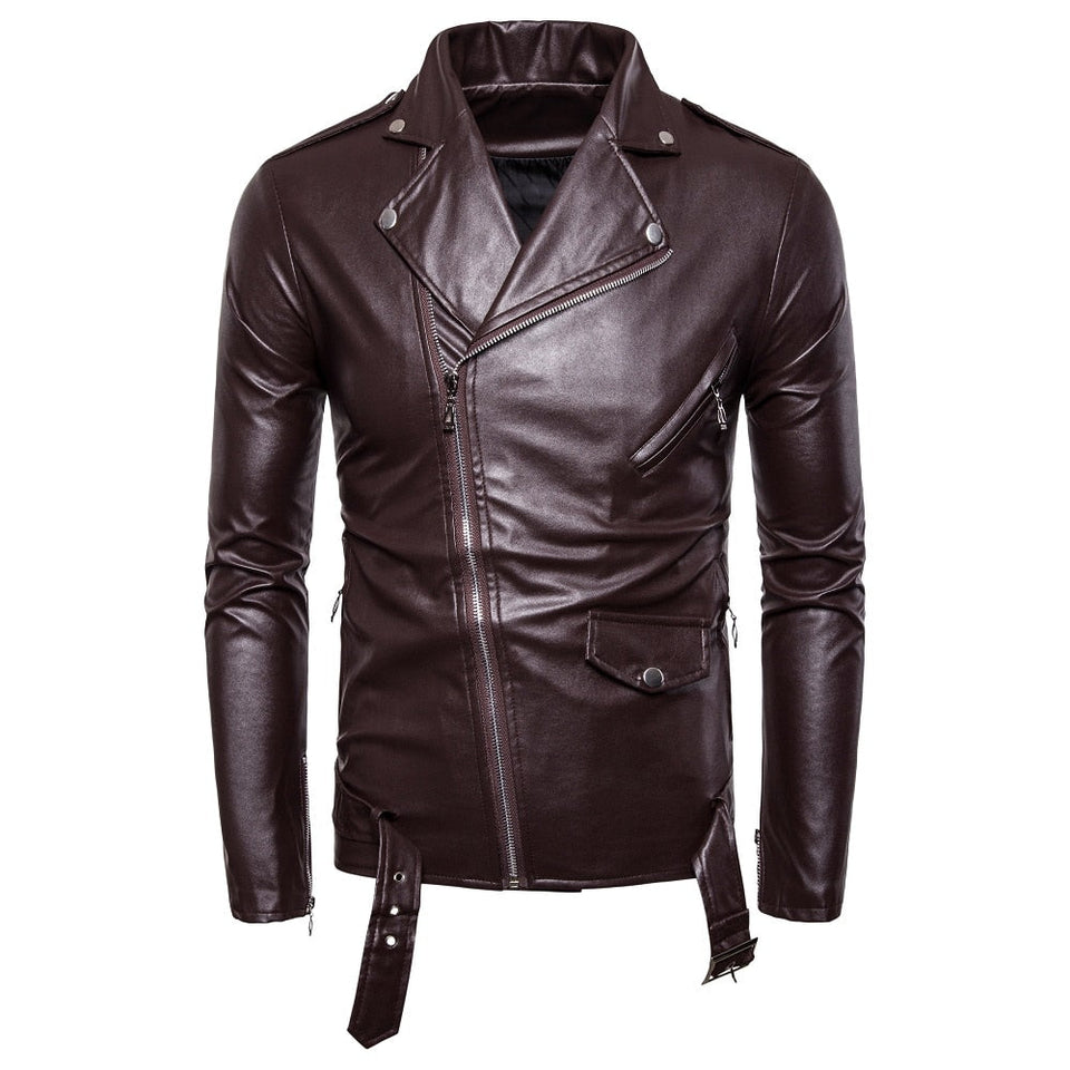 Men's Leather Jackets White Casual Lapel Slim Fit Diagonal Zipper Motorcycle Leather Jacket