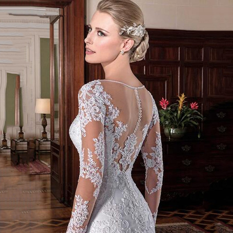 Mermaid Wedding Dress Illusion Back Vestido De Noiva Long Sleeve Beads O Neck Lace Appliques Bride Bridal Gown